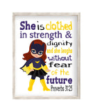 Masked Girl Superhero Christian Nursery Decor Unframed Print She is clothed in Strength and Dignity Proverbs 31:25