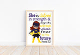 Masked Girl Superhero Christian Nursery Decor Unframed Print She is clothed in Strength and Dignity Proverbs 31:25