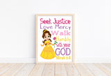 Belle Christian Princess Nursery Decor Unframed Print Seek Justice Love Mercy Micah 6:8