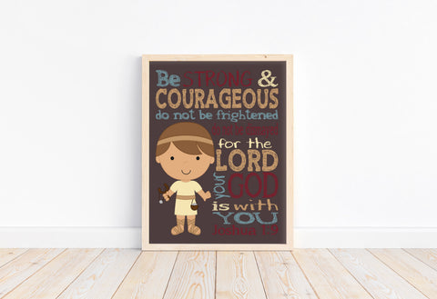 David and Goliath Biblical Superhero Christian Nursery Unframed Print - Be Strong and Courageous for the Lord is with You Joshua 1:9