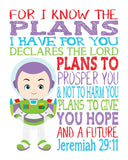 Toy Story Christian Nursery Set of 4 Unframed Prints - Woody, Buzz Lightyear, Jessie and Alien with Bible Verses