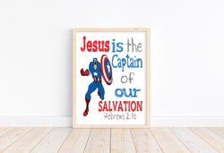 Captain America Christian Superhero Little Boys Room Nursery Decor Print, Captain Of Our Salvation, Hebrews 2:10