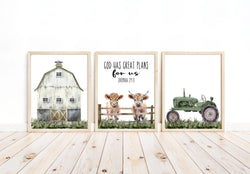Christian Barnyard Rustic Farm Highland Cow Tractor Nursery Decor Set of 3 Unframed Farmhouse Prints God Has Great Plans for Me Bible Verse