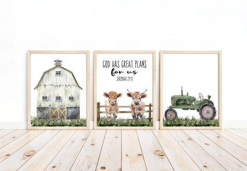 Christian Barnyard Rustic Farm Highland Cow Tractor Nursery Decor Set of 3 Unframed Farmhouse Prints God Has Great Plans for Me Bible Verse