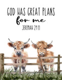 Christian Barnyard Rustic Farm Highland Cow Tractor Nursery Decor Set of 3 Unframed Farmhouse Prints God Has Great Plans for Me Bible Verse