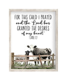 For this Child I Prayed 1 Samuel Christian Bible Verse Cow and Sheep Farmhouse Rustic Barnyard Farm Themed Nursery Decor Unframed Print