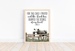 For this Child I Prayed 1 Samuel Christian Bible Verse Cow and Sheep Farmhouse Rustic Barnyard Farm Themed Nursery Decor Unframed Print