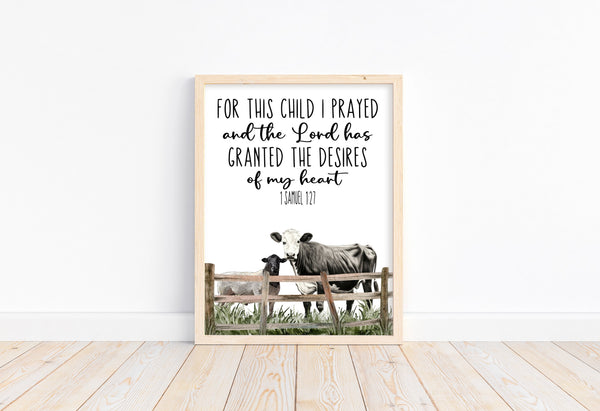 For this Child I Prayed 1 Samuel Christian Bible Verse Cow and Sheep Farmhouse Rustic Barnyard Farm Themed Nursery Decor Unframed Print