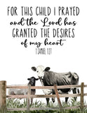 For this Child I Prayed 1 Samuel Christian Bible Verse Cow and Sheep Farmhouse Rustic Barnyard Farm Themed Nursery Decor Unframed Print