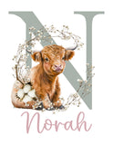 Personalized Watercolor Highland Cow Rustic Cotton Farmhouse Nursery Unframed Print Baby Name Letter Initial Monogram