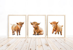 Watercolor Highland Cow Rustic Farm Nursery Decor Set of 3 Unframed Farmhouse Farm Baby Calf Prints