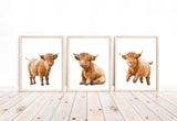 Watercolor Highland Cow Rustic Farm Nursery Decor Set of 3 Unframed Farmhouse Farm Baby Calf Prints