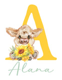Personalized Highland Cow Sunflower Baby Girl Nursery Farmhouse Decor Unframed Print - Baby Name Letter Initial Monogram