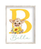Personalized Highland Cow Sunflower Baby Girl Nursery Farmhouse Decor Unframed Print - Baby Name Letter Initial Monogram