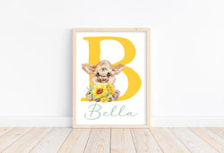 Personalized Highland Cow Sunflower Baby Girl Nursery Farmhouse Decor Unframed Print - Baby Name Letter Initial Monogram