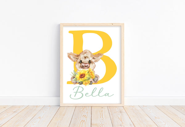 Personalized Highland Cow Sunflower Baby Girl Nursery Farmhouse Decor Unframed Print - Baby Name Letter Initial Monogram