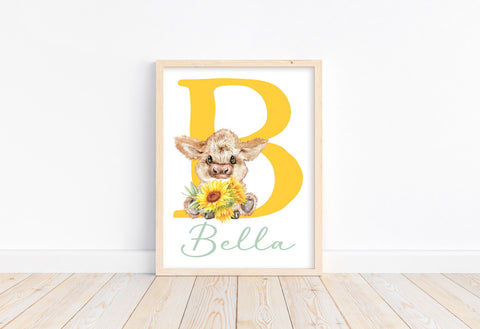Personalized Highland Cow Sunflower Baby Girl Nursery Farmhouse Decor Unframed Print - Baby Name Letter Initial Monogram