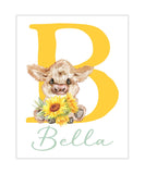 Personalized Highland Cow Sunflower Baby Girl Nursery Farmhouse Decor Unframed Print - Baby Name Letter Initial Monogram
