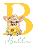 Personalized Highland Cow Sunflower Baby Girl Nursery Farmhouse Decor Unframed Print - Baby Name Letter Initial Monogram