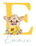Personalized Highland Cow Sunflower Baby Girl Nursery Farmhouse Decor Unframed Print - Baby Name Letter Initial Monogram