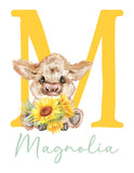 Personalized Highland Cow Sunflower Baby Girl Nursery Farmhouse Decor Unframed Print - Baby Name Letter Initial Monogram