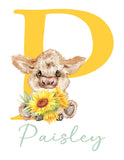 Personalized Highland Cow Sunflower Baby Girl Nursery Farmhouse Decor Unframed Print - Baby Name Letter Initial Monogram