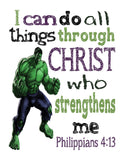 Superhero Christian Nursery Set of 4 Unframed Prints Captain America Hulk Ironman and Spiderman with Bible Verses