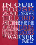 In Our House Alabama Crimson Tide and Florida Gators Personalized Family Name Christian Unframed Print