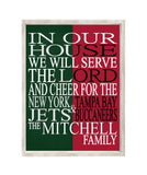 A House Divided New York Jets and Tampa Bay Buccaneers Personalized Family Name Christian Unframed Print