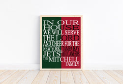 A House Divided New York Jets and Tampa Bay Buccaneers Personalized Family Name Christian Unframed Print