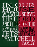 A House Divided New York Jets and Tampa Bay Buccaneers Personalized Family Name Christian Unframed Print