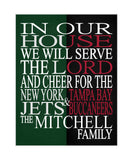 A House Divided New York Jets and Tampa Bay Buccaneers Personalized Family Name Christian Unframed Print