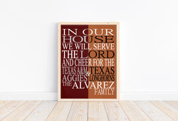 A House Divided Texas A&M Aggies and Texas Longhorns Personalized Family Name Christian Print (Copy)