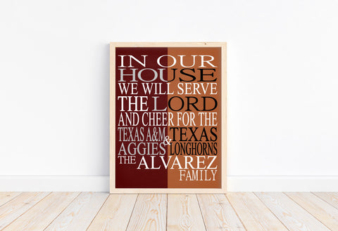 A House Divided Texas A&M Aggies and Texas Longhorns Personalized Family Name Christian Print (Copy)
