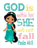Princess Christian Nursery Decor Set of 4 Prints, Jasmine, Tiana, Mulan and Pocahontas with Bible Verses