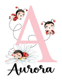 Personalized Watercolor Ladybug Pink and Black Daisy Floral Baby Girl Nursery Unframed Print
