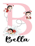 Personalized Watercolor Ladybug Pink and Black Daisy Floral Baby Girl Nursery Unframed Print