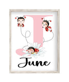 Personalized Watercolor Ladybug Pink and Black Daisy Floral Baby Girl Nursery Unframed Print
