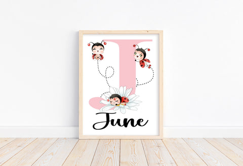 Personalized Watercolor Ladybug Pink and Black Daisy Floral Baby Girl Nursery Unframed Print