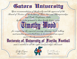 Florida Gators Ultimate Football Fan Personalized Diploma - 8.5" x 11" Parchment Paper