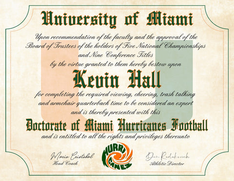 Miami Hurricanes Ultimate Football Fan Personalized Novelty Diploma - 8.5" x 11" Parchment Paper