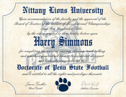 Penn State Nittany Lions Ultimate Football Fan Personalized Diploma - 8.5" x 11" Parchment Paper