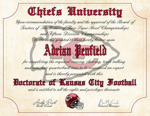 Kansas City Chiefs Ultimate Football Fan Personalized Diploma - Perfect Gift - 8.5" x 11" Parchment Paper