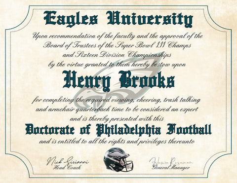 Philadelphia Eagles Ultimate Football Fan Personalized Diploma - Perfect Gift - 8.5" x 11" Parchment Paper