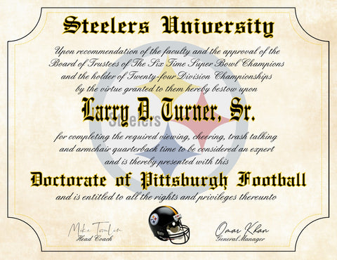 Pittsburgh Steelers Ultimate Football Fan Personalized Diploma 8.5" x 11" Parchment Paper