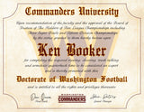 A novelty diploma certificate from 'Commanders University' featuring Ken Booker as a Doctorate of Washington Football holder, with a vintage-style cream background, red and gold border, and team logo.