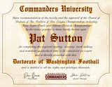 A novelty diploma certificate for 'Pat Sutton' from 'Commanders University' in a vintage, sepia-toned design with gold and red accents.