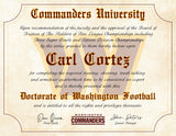 A novelty certificate print for 'Commanders University' styled like an old academic diploma, featuring ornate red and black gothic lettering on a cream parchment-like background with a large gold 'W' behind the name 'Carl Cortez'.