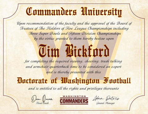 Personalized Washington Commanders football fan diploma printable digital download