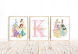 Personalized Princess Wall Art Set of 3 Unframed Prints Custom Name Decor for Girls Bedroom or Nursery